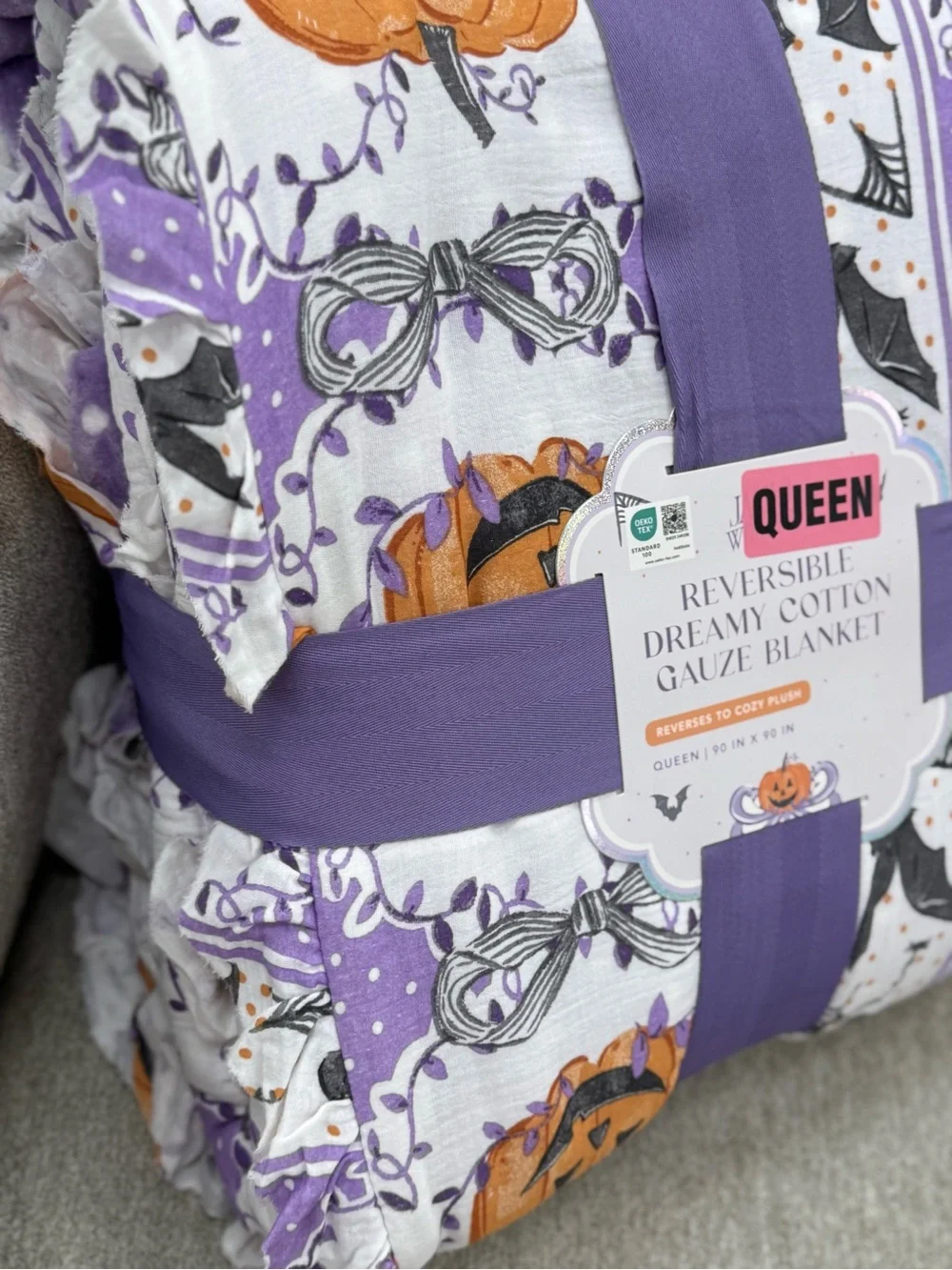 Reversible Dreamy Cotton Gauze Queen Blanket - Purple Halloween Pumpkin Print